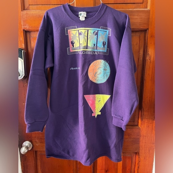 Vintage Sweaters - Vintage 80s 90s Florida Keys Sweatshirt Dress – Purple Oversized Beach Graphic